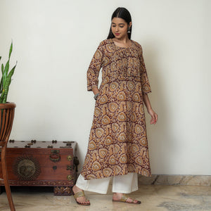 Brown - Kalamkari Hand Block Printed Mul Cotton Pintuck A-Line Kurta 03