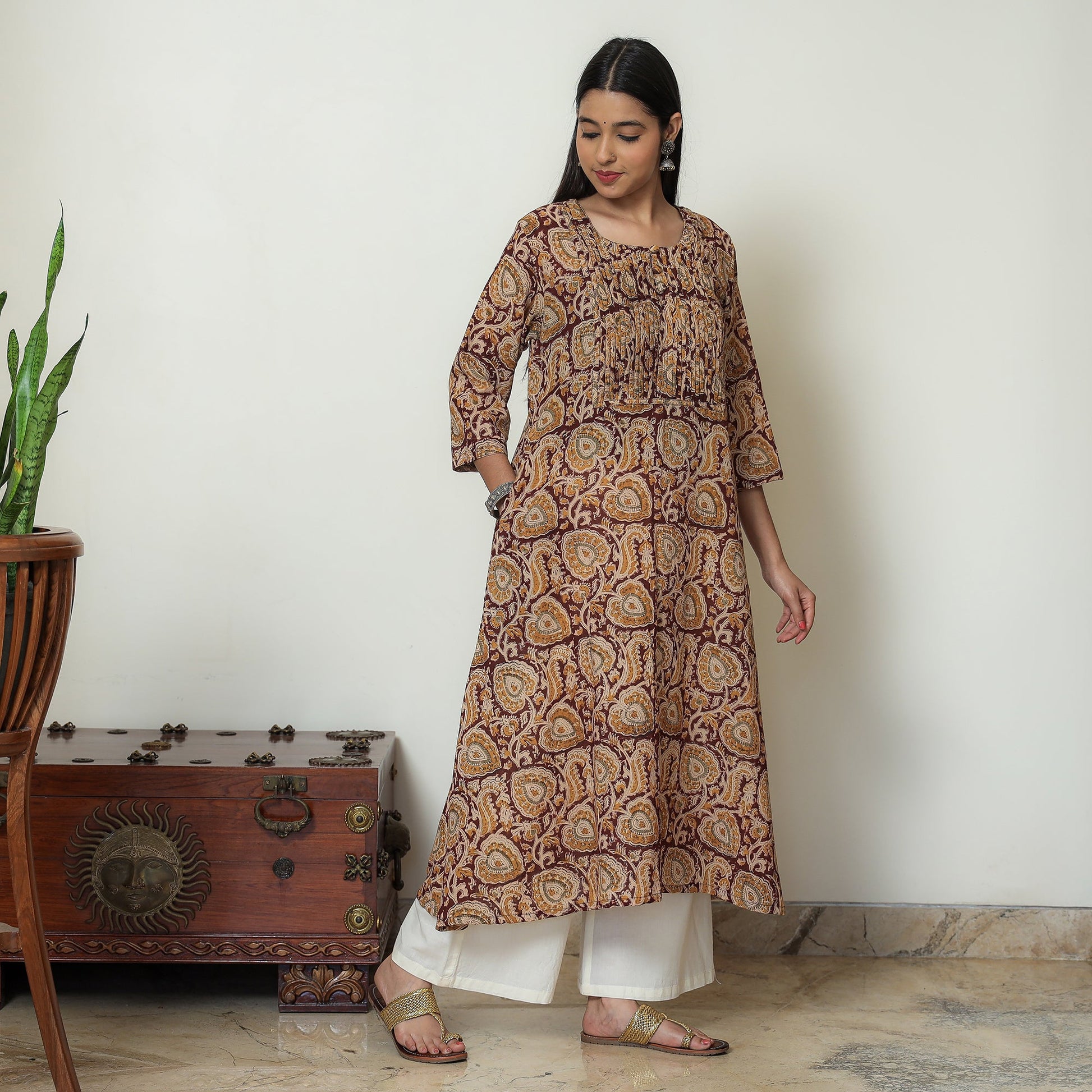 Brown - Kalamkari Hand Block Printed Mul Cotton Pintuck A-Line Kurta 03