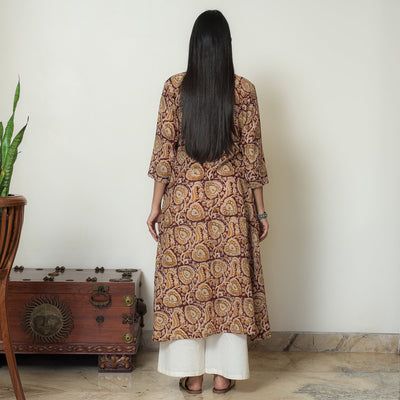 Brown - Kalamkari Hand Block Printed Mul Cotton Pintuck A-Line Kurta 03