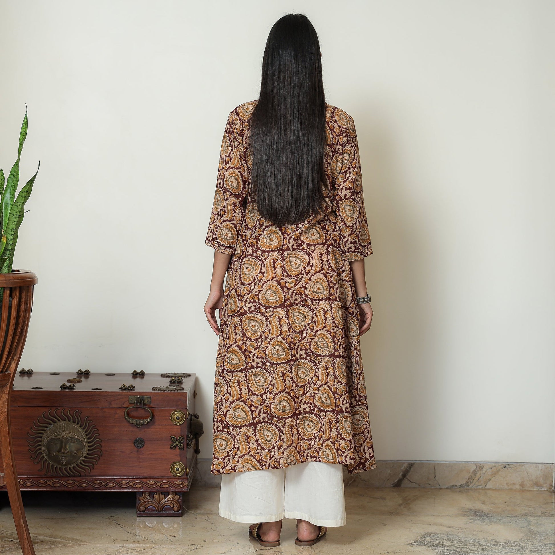 Brown - Kalamkari Hand Block Printed Mul Cotton Pintuck A-Line Kurta 03