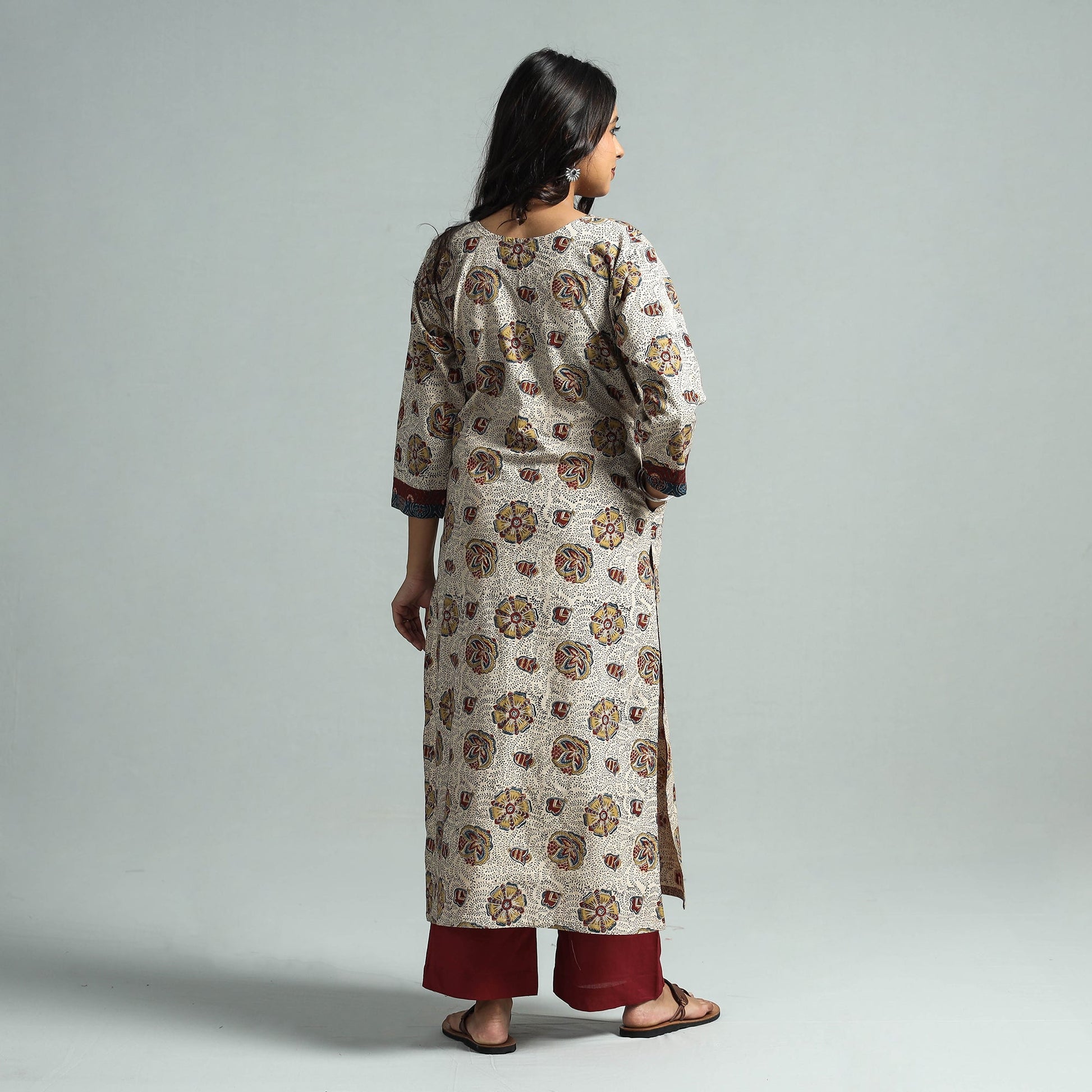 Beige - Pedana Kalamkari Block Printed Cotton Kurta with Palazzo Set