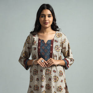 Beige - Pedana Kalamkari Block Printed Cotton Kurta with Palazzo Set