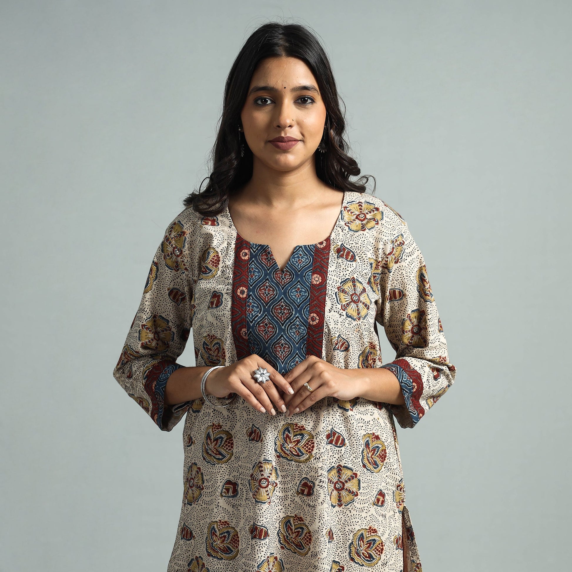 Beige - Pedana Kalamkari Block Printed Cotton Kurta with Palazzo Set