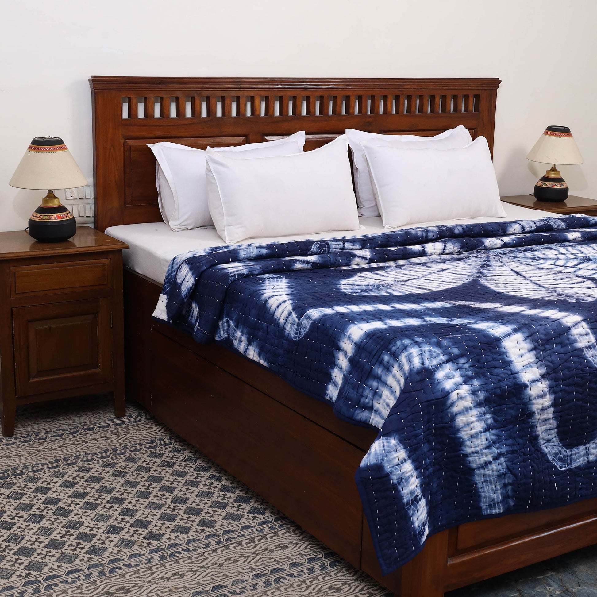 Blue - Double - Tagai Work Plain Cotton Quilt 44