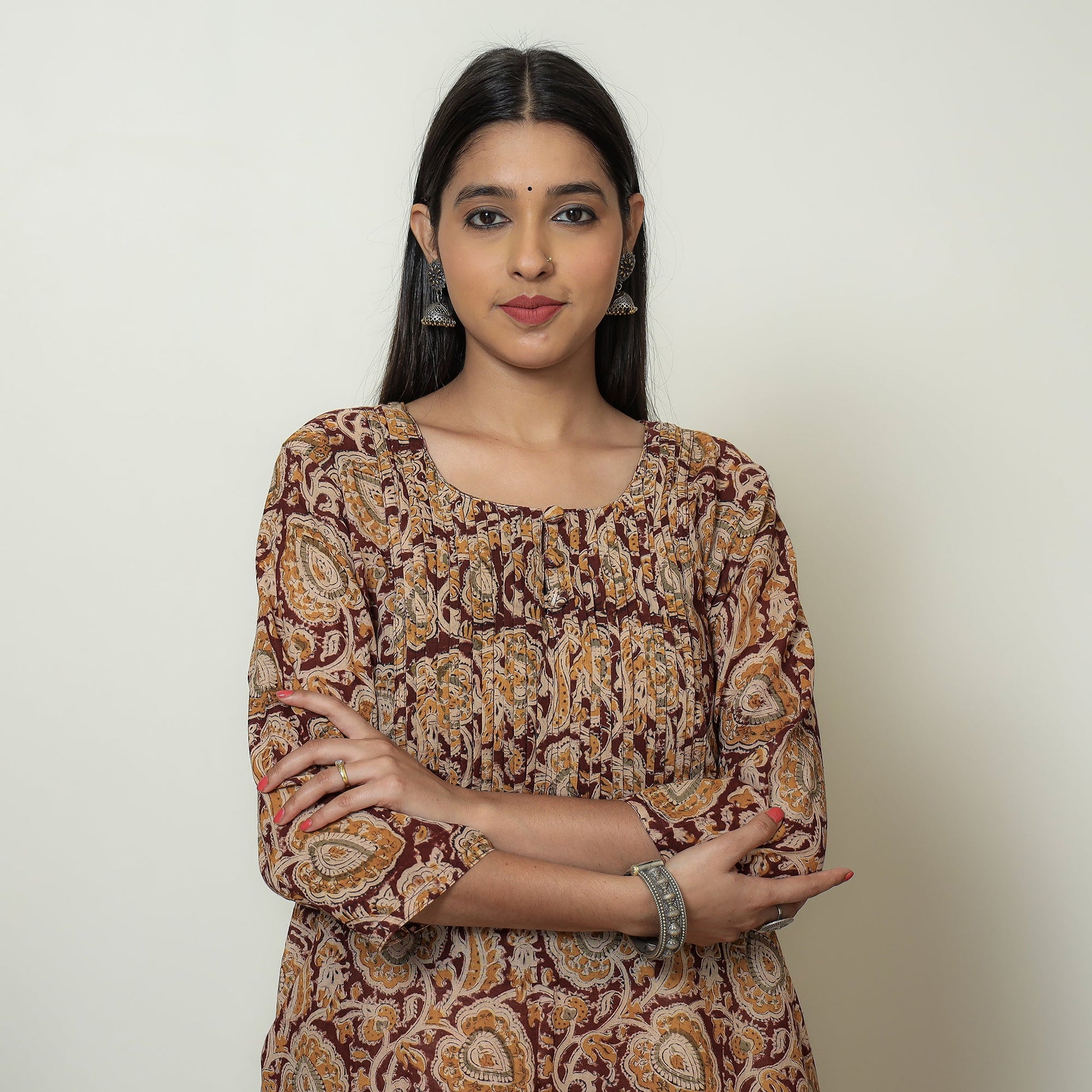 Brown - Kalamkari Hand Block Printed Mul Cotton Pintuck A-Line Kurta 03