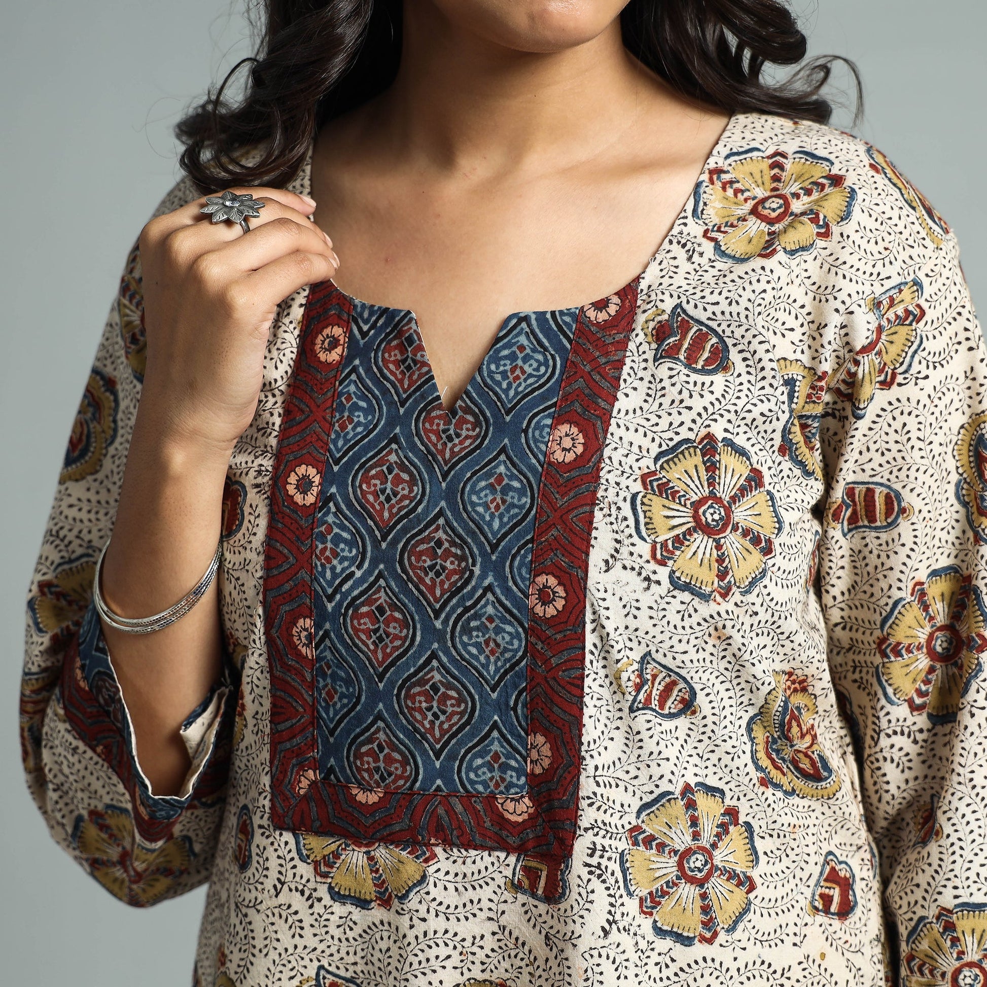 Beige - Pedana Kalamkari Block Printed Cotton Kurta with Palazzo Set