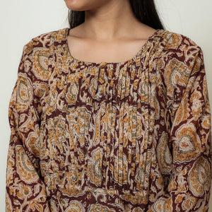 Brown - Kalamkari Hand Block Printed Mul Cotton Pintuck A-Line Kurta 03