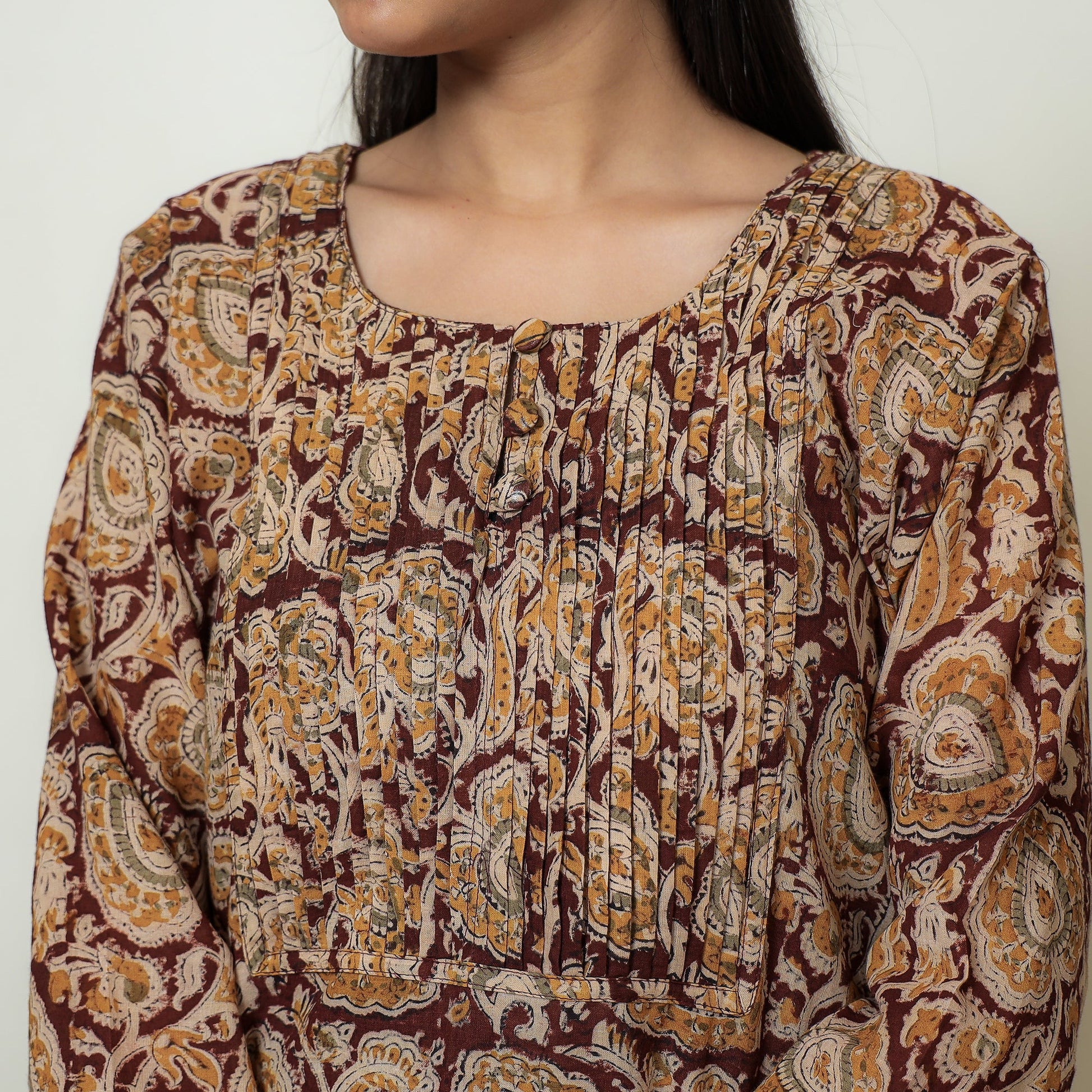 Brown - Kalamkari Hand Block Printed Mul Cotton Pintuck A-Line Kurta 03