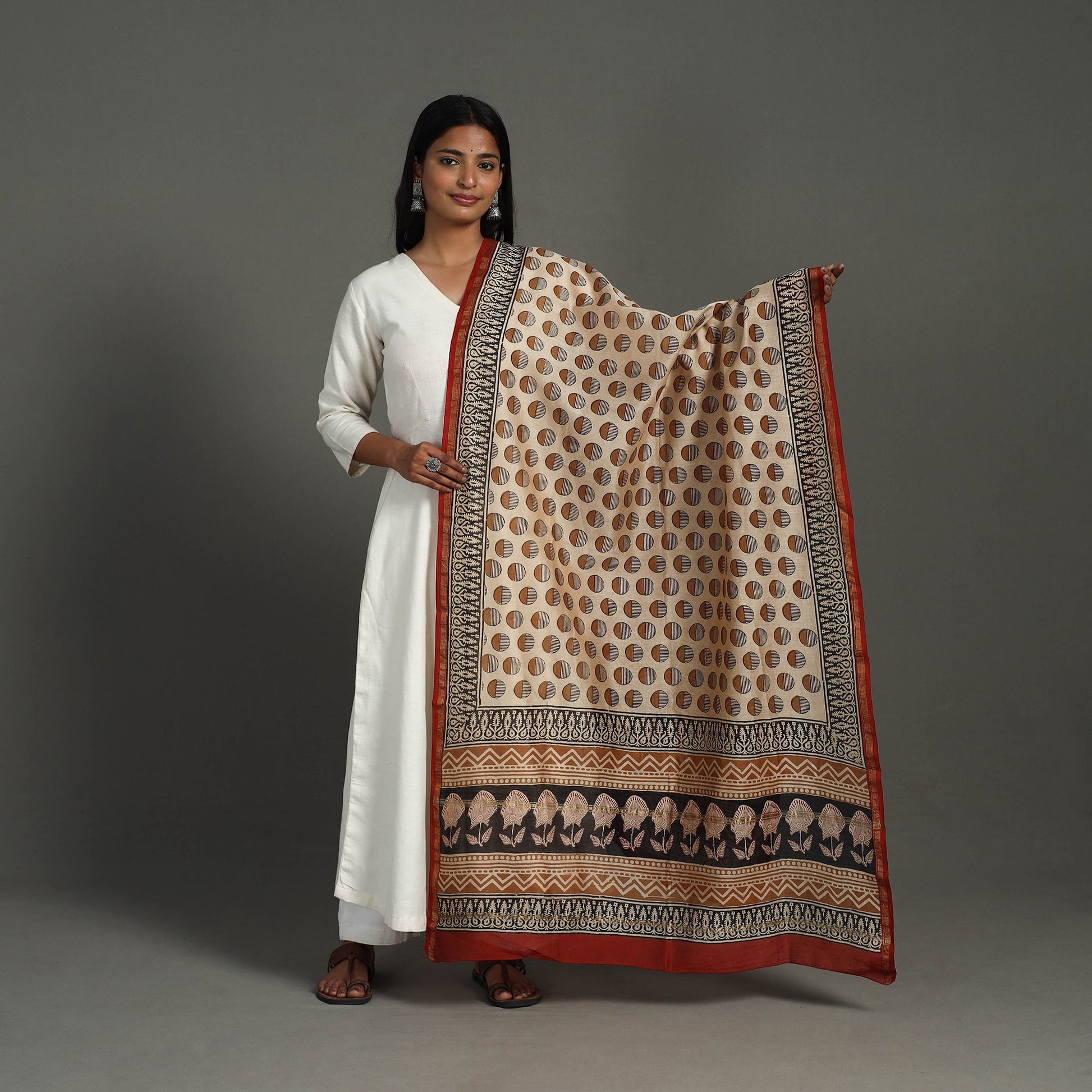 Beige - Block Print Chanderi Silk Bagru Dupatta 11