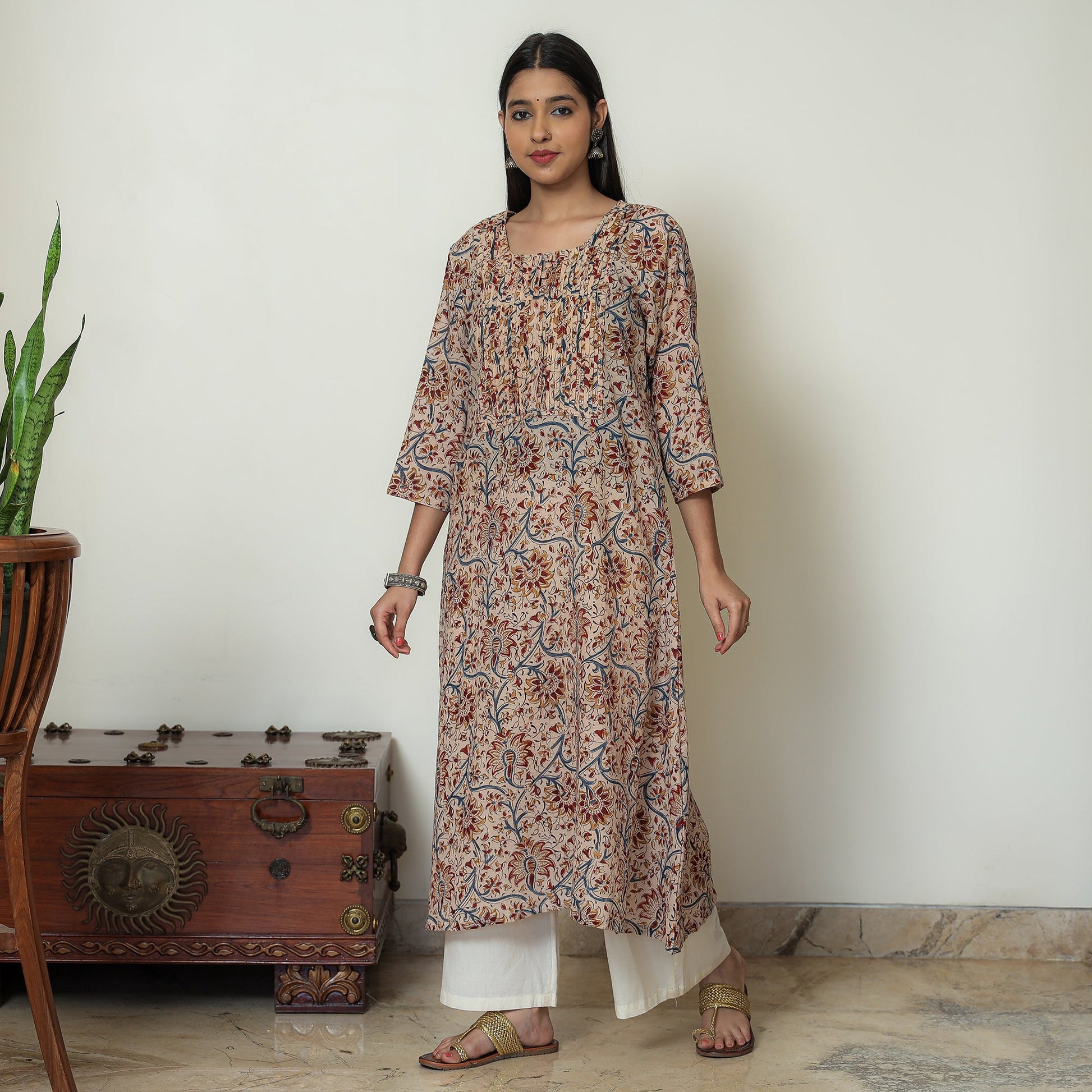 Beige - Kalamkari Hand Block Printed Mul Cotton Pintuck A-Line Kurta 02