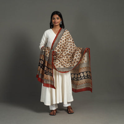 Beige - Block Print Chanderi Silk Bagru Dupatta 11