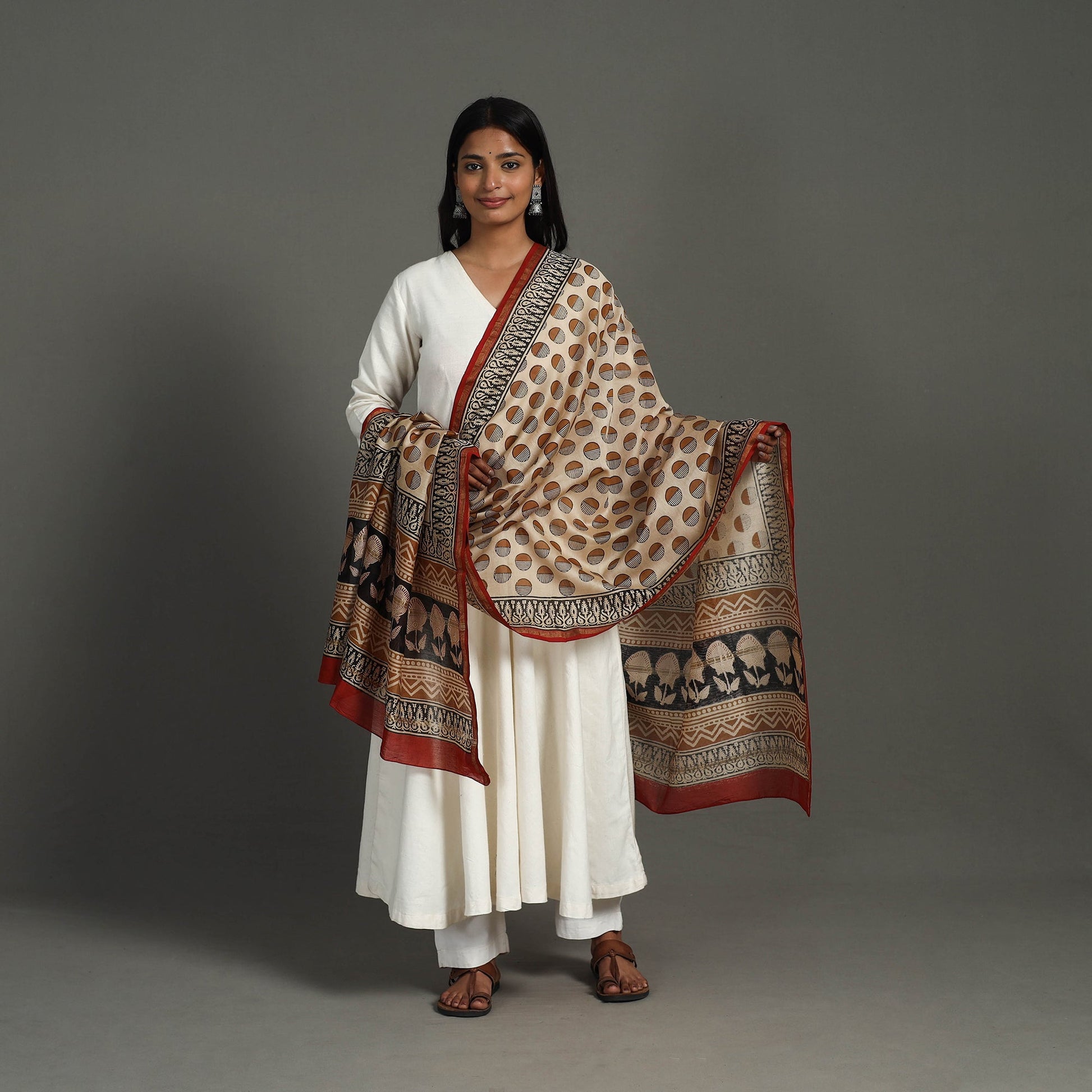 Beige - Block Print Chanderi Silk Bagru Dupatta 11