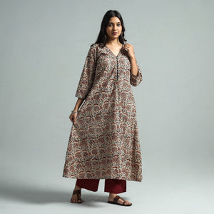 Brown - Pedana Kalamkari Block Printed Cotton Kurta with Palazzo Set