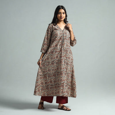 Brown - Pedana Kalamkari Block Printed Cotton Kurta with Palazzo Set
