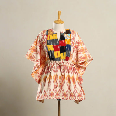Beige - Patchwork Pochampally Ikat Cotton Kaftan (Short) 02