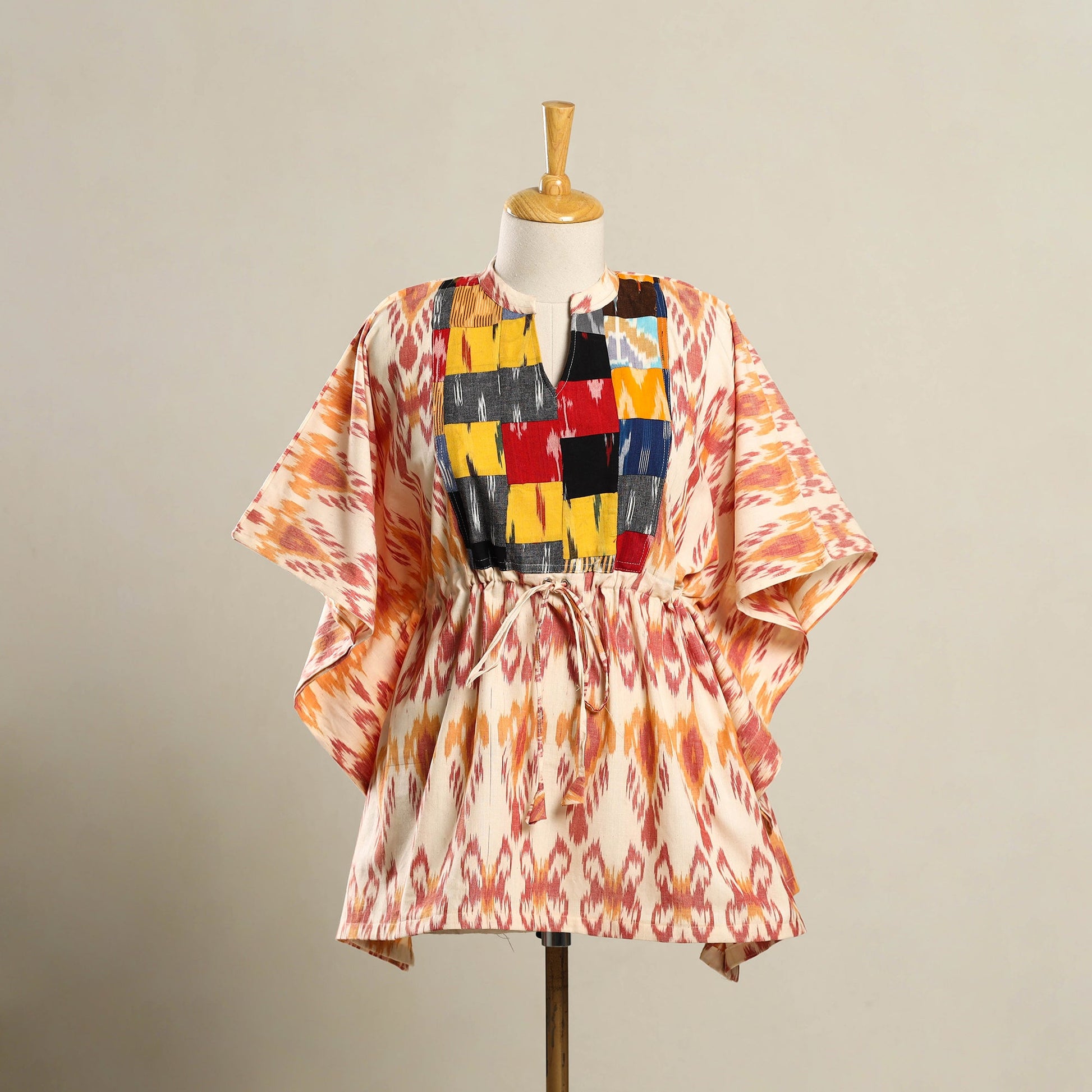 Beige - Patchwork Pochampally Ikat Cotton Kaftan (Short) 02