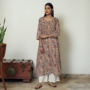 Beige - Kalamkari Hand Block Printed Mul Cotton Pintuck A-Line Kurta 02