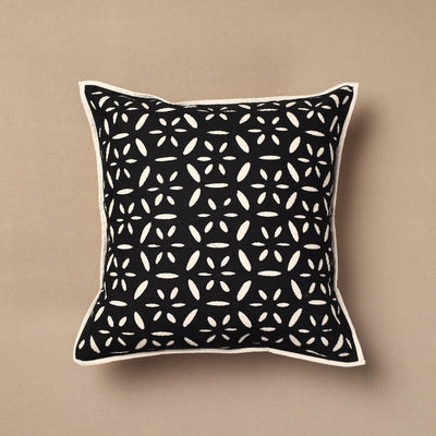 Black - Bakhiya Tanka Applique Work Cotton Cushion Cover (16 x 16 in)