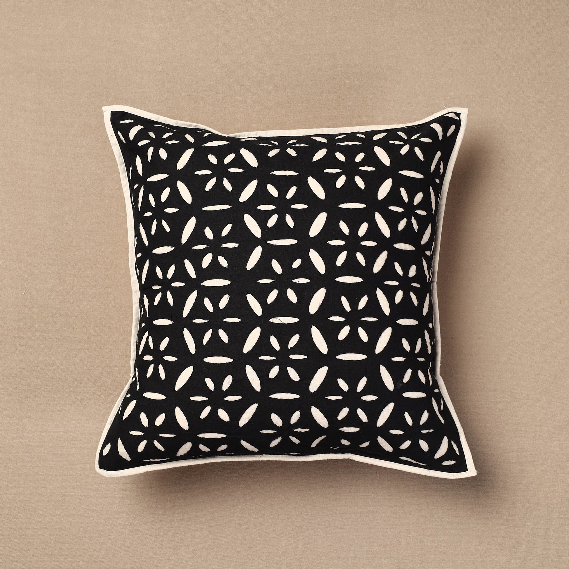 Black - Bakhiya Tanka Applique Work Cotton Cushion Cover (16 x 16 in)