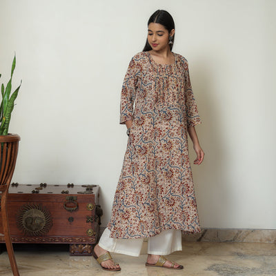 Beige - Kalamkari Hand Block Printed Mul Cotton Pintuck A-Line Kurta 02
