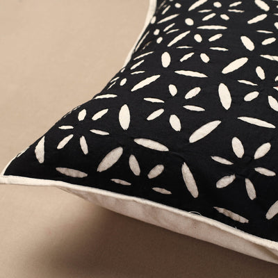 Black - Bakhiya Tanka Applique Work Cotton Cushion Cover (16 x 16 in)