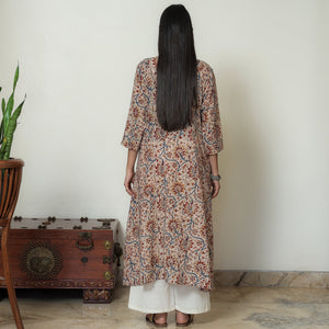 Beige - Kalamkari Hand Block Printed Mul Cotton Pintuck A-Line Kurta 02