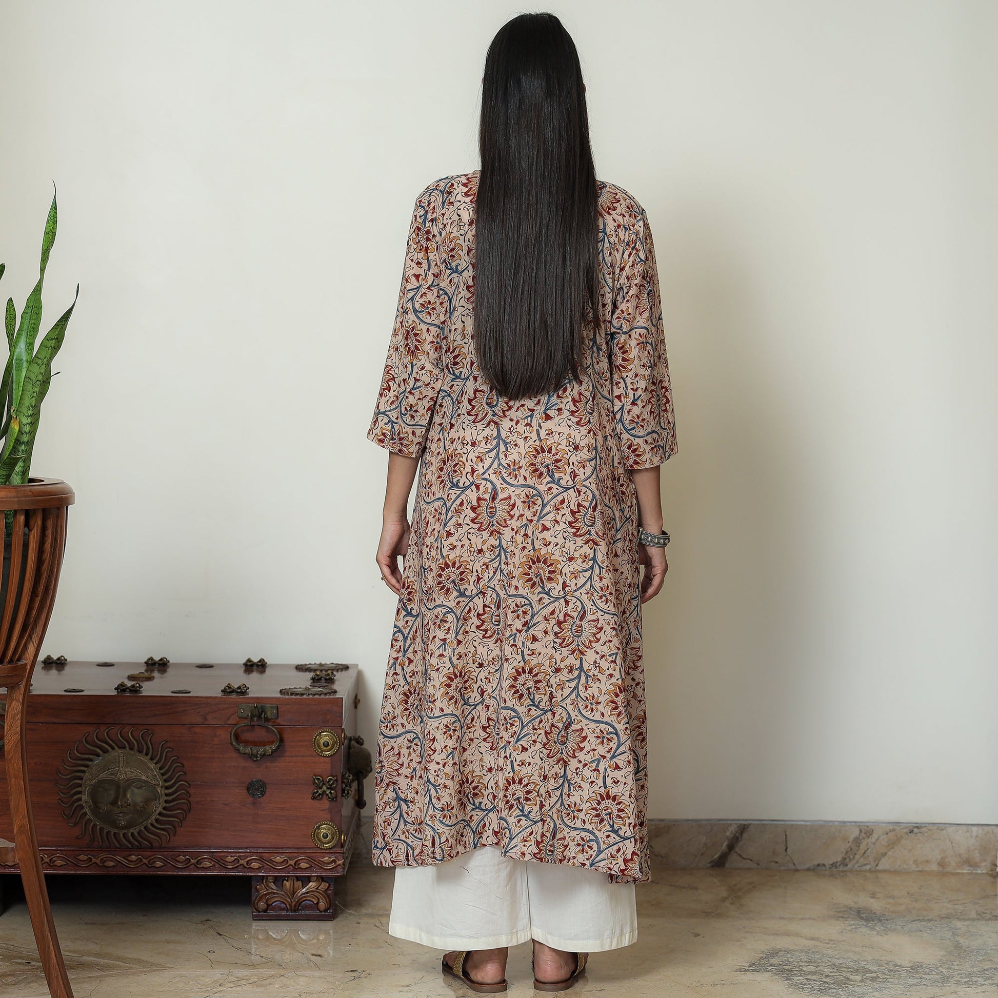 Beige - Kalamkari Hand Block Printed Mul Cotton Pintuck A-Line Kurta 02
