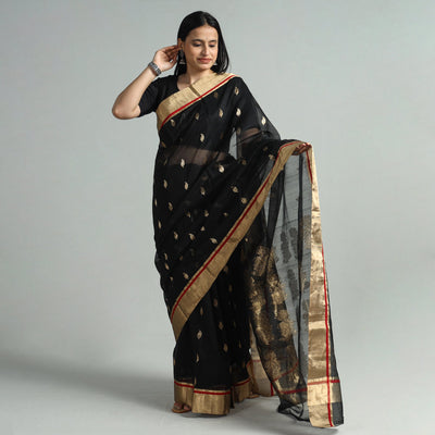 Black - Traditional Chanderi Silk Handloom Zari Work Saree 112
