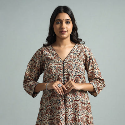 Brown - Pedana Kalamkari Block Printed Cotton Kurta with Palazzo Set