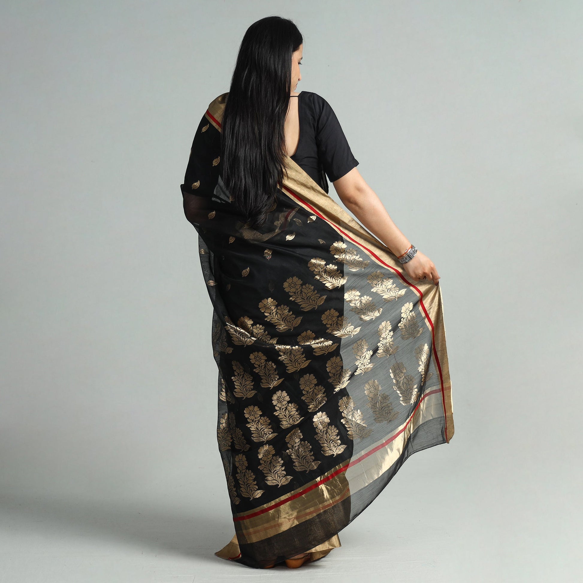 Black - Traditional Chanderi Silk Handloom Zari Work Saree 112