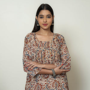 Beige - Kalamkari Hand Block Printed Mul Cotton Pintuck A-Line Kurta 02