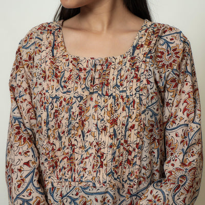 Beige - Kalamkari Hand Block Printed Mul Cotton Pintuck A-Line Kurta 02