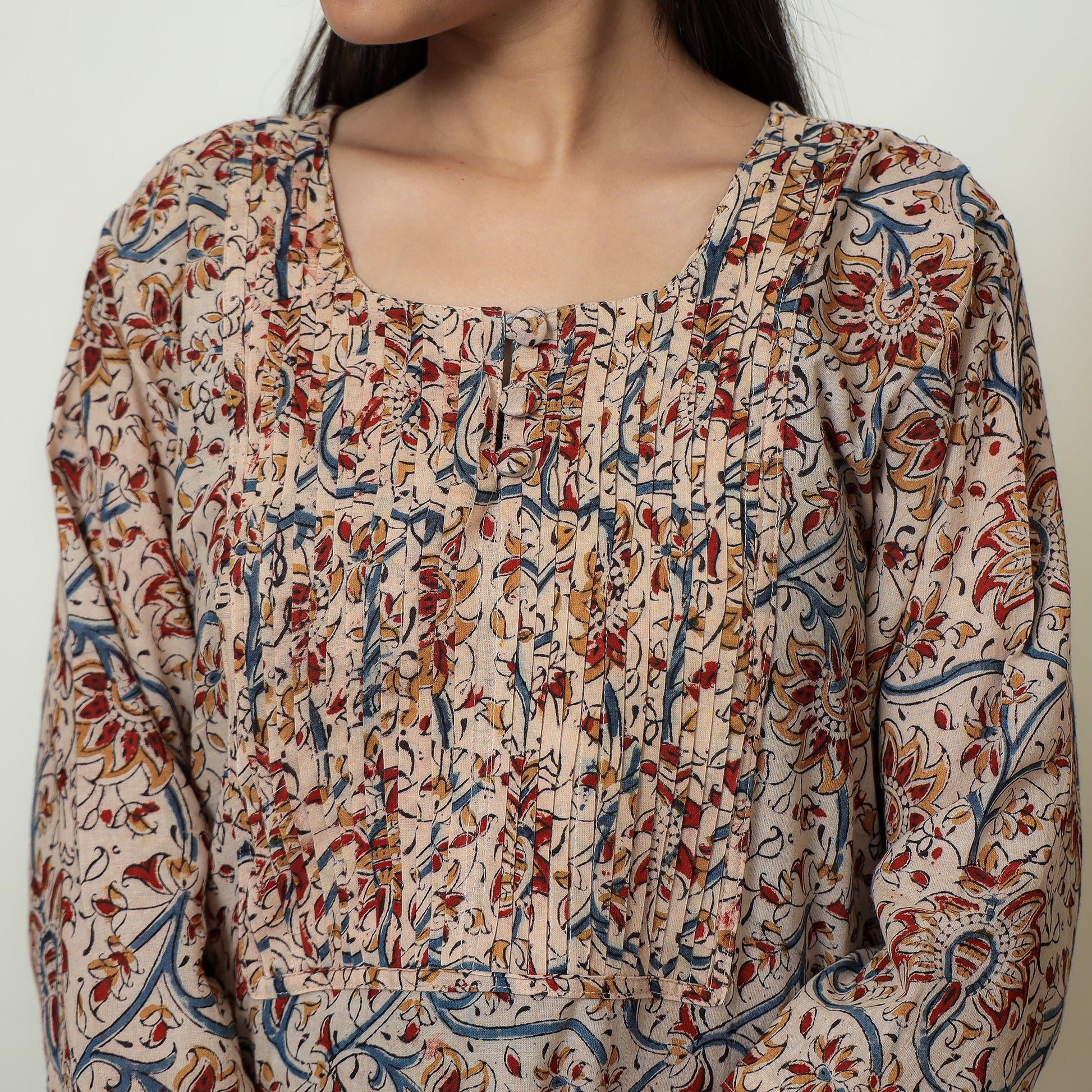 Beige - Kalamkari Hand Block Printed Mul Cotton Pintuck A-Line Kurta 02