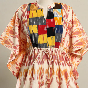 Beige - Patchwork Pochampally Ikat Cotton Kaftan (Short) 02