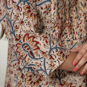 Beige - Kalamkari Hand Block Printed Mul Cotton Pintuck A-Line Kurta 02