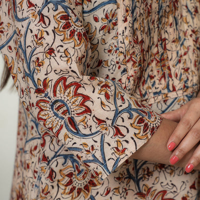 Beige - Kalamkari Hand Block Printed Mul Cotton Pintuck A-Line Kurta 02