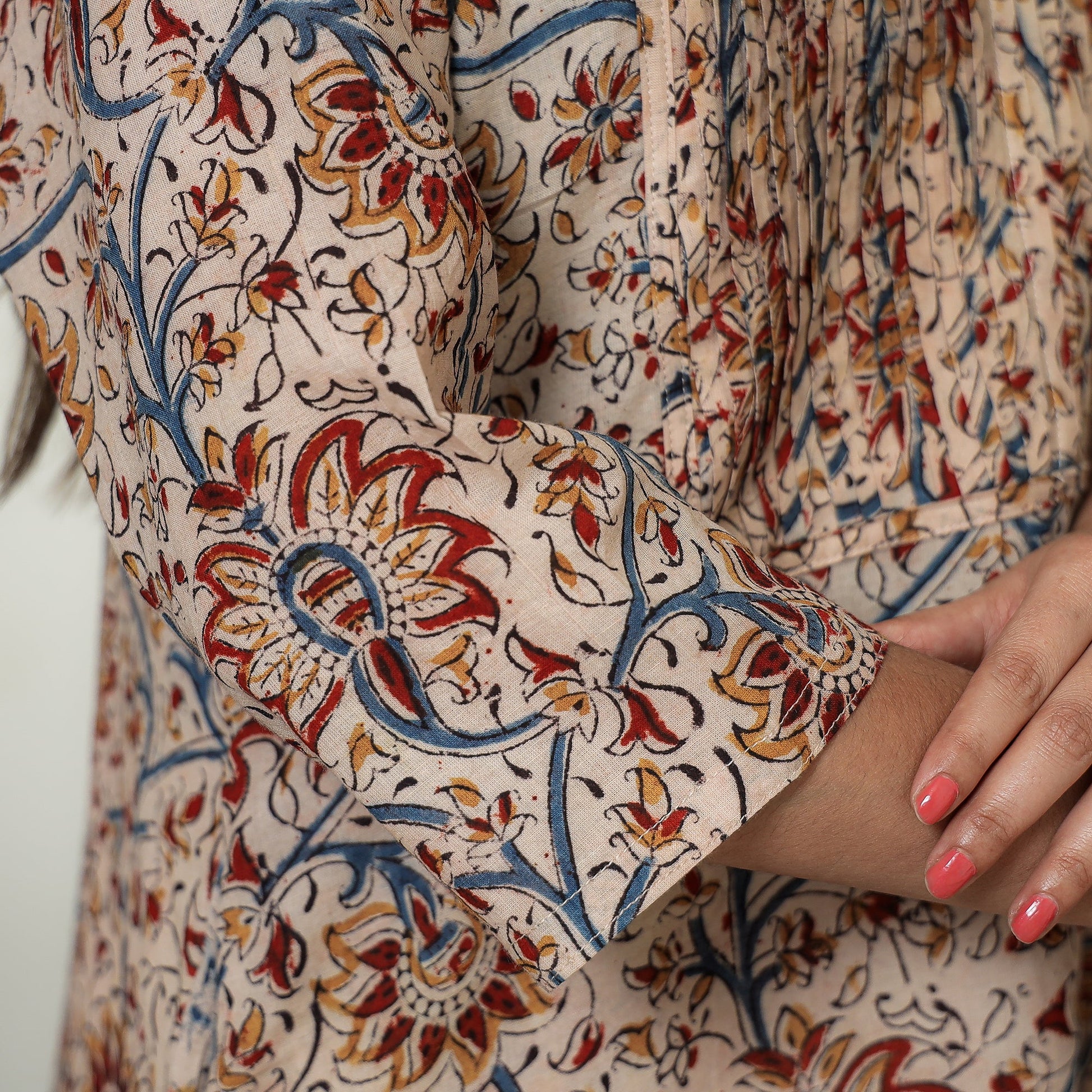 Beige - Kalamkari Hand Block Printed Mul Cotton Pintuck A-Line Kurta 02