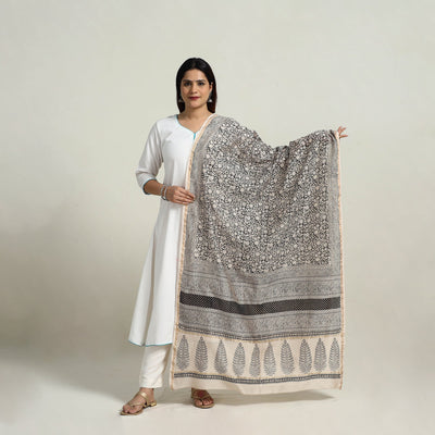 Grey - Natural Dyed Hand Block Print Chanderi Silk Bagh Dupatta 21