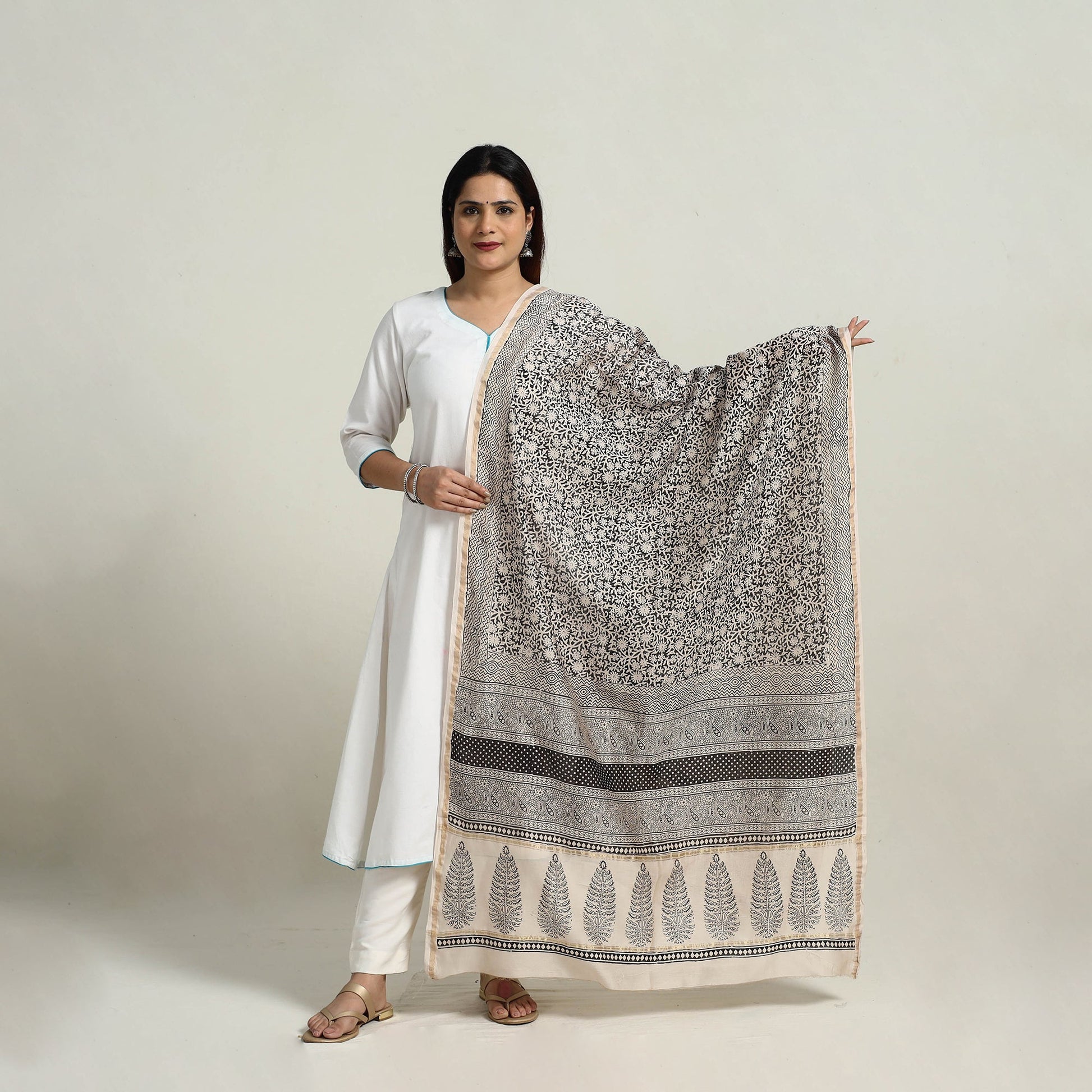 Grey - Natural Dyed Hand Block Print Chanderi Silk Bagh Dupatta 21