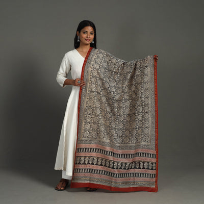 Black - Block Print Chanderi Silk Bagru Dupatta 14
