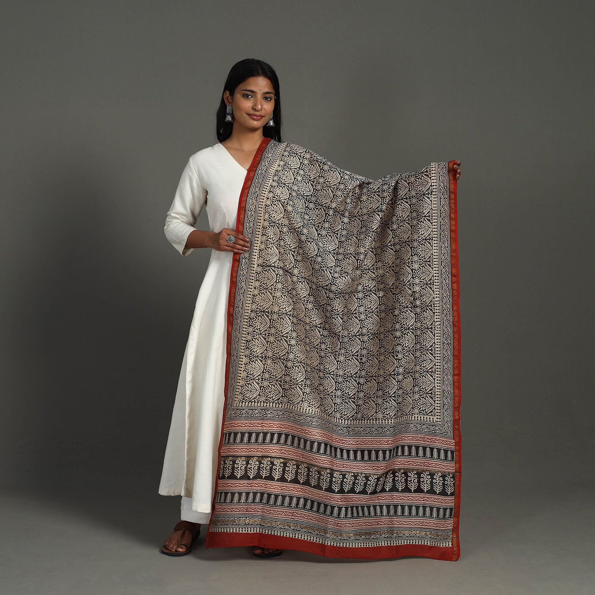 Black - Block Print Chanderi Silk Bagru Dupatta 14
