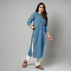 Blue  - Jacquard Cotton Straight Kurta 13