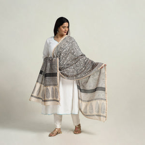 Grey - Natural Dyed Hand Block Print Chanderi Silk Bagh Dupatta 21
