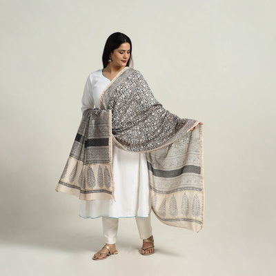 Grey - Natural Dyed Hand Block Print Chanderi Silk Bagh Dupatta 21
