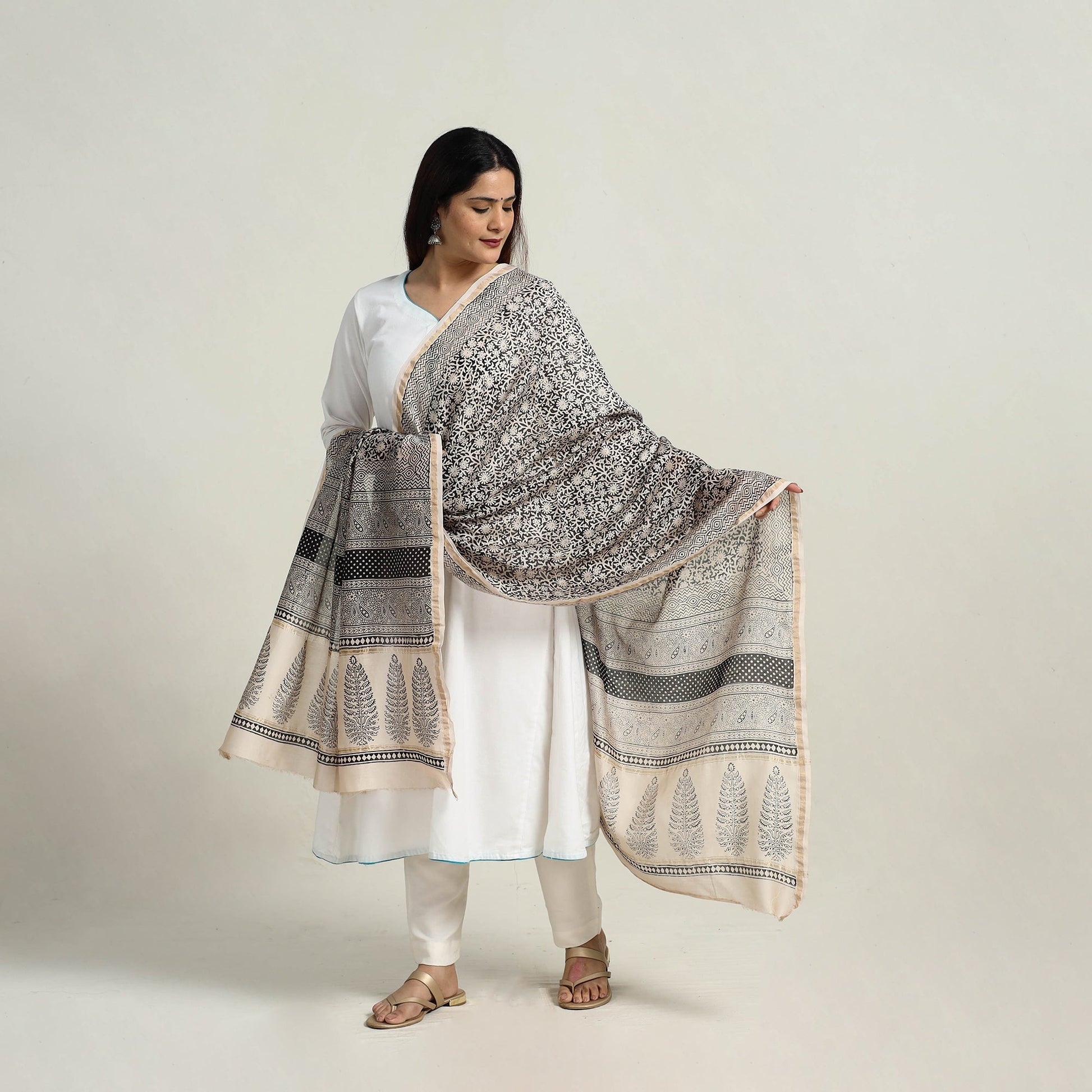 Grey - Natural Dyed Hand Block Print Chanderi Silk Bagh Dupatta 21