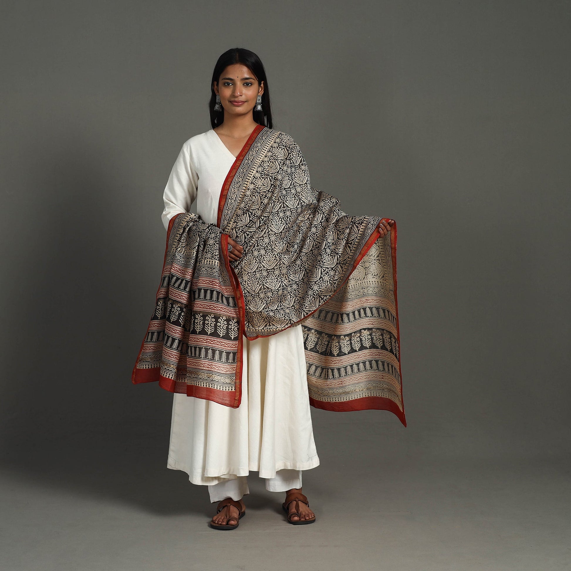 Black - Block Print Chanderi Silk Bagru Dupatta 14