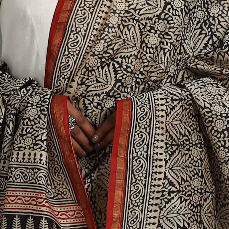 Black - Block Print Chanderi Silk Bagru Dupatta 14