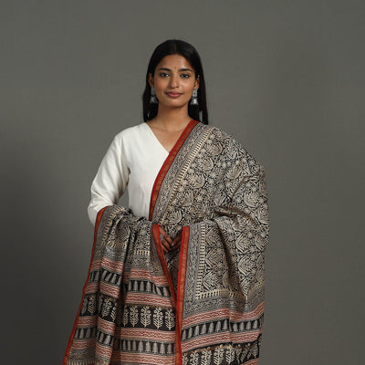 Black - Block Print Chanderi Silk Bagru Dupatta 14