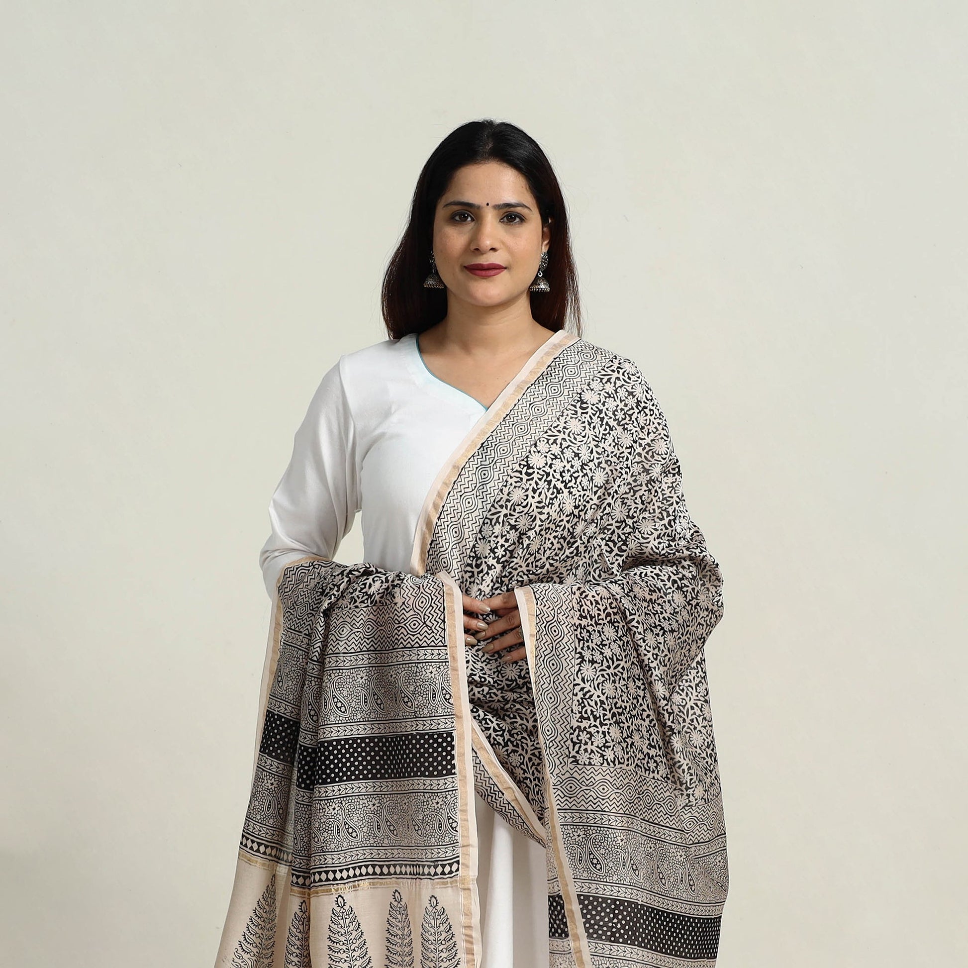 Grey - Natural Dyed Hand Block Print Chanderi Silk Bagh Dupatta 21
