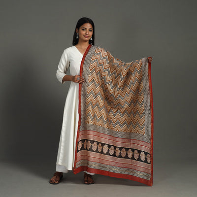 Brown - Block Print Chanderi Silk Bagru Dupatta 15